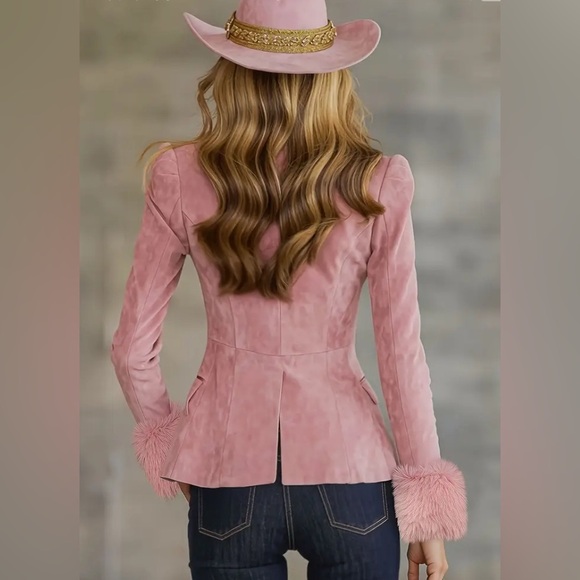 Pink Double-Breasted Gorgeous Soft Blazer with Fur Detail - Picture 2 of 7